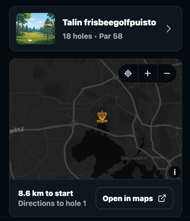 Disc Golf Tracker app screen for discovering nearby disc golf courses