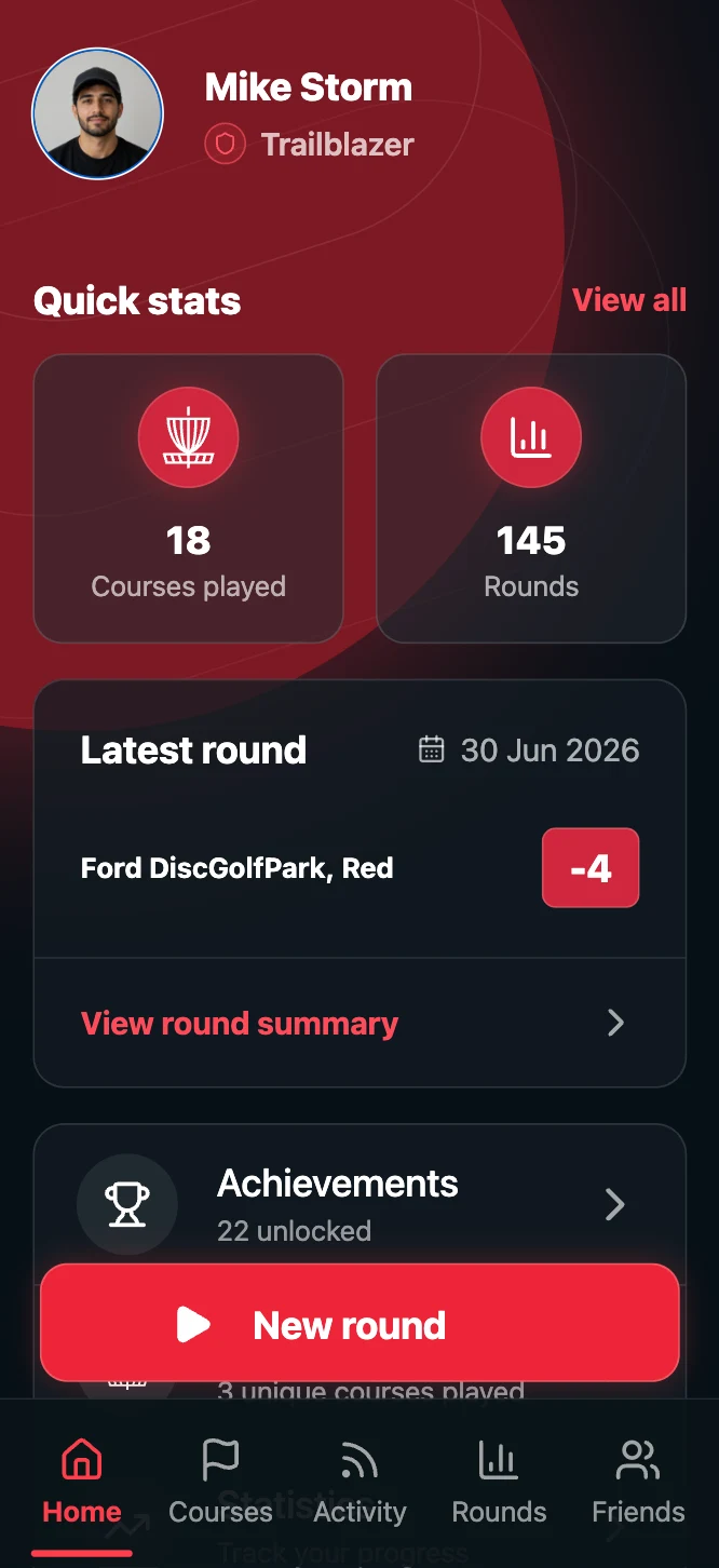 Disc Golf Tracker mobile app home screen with rounds, friends, achievements, and player stats