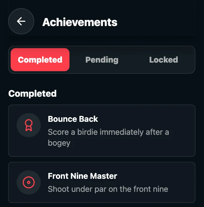 Disc Golf Tracker achievements screen with badges and player challenges