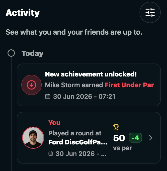 Disc Golf Tracker activity screen showing recent rounds and player highlights
